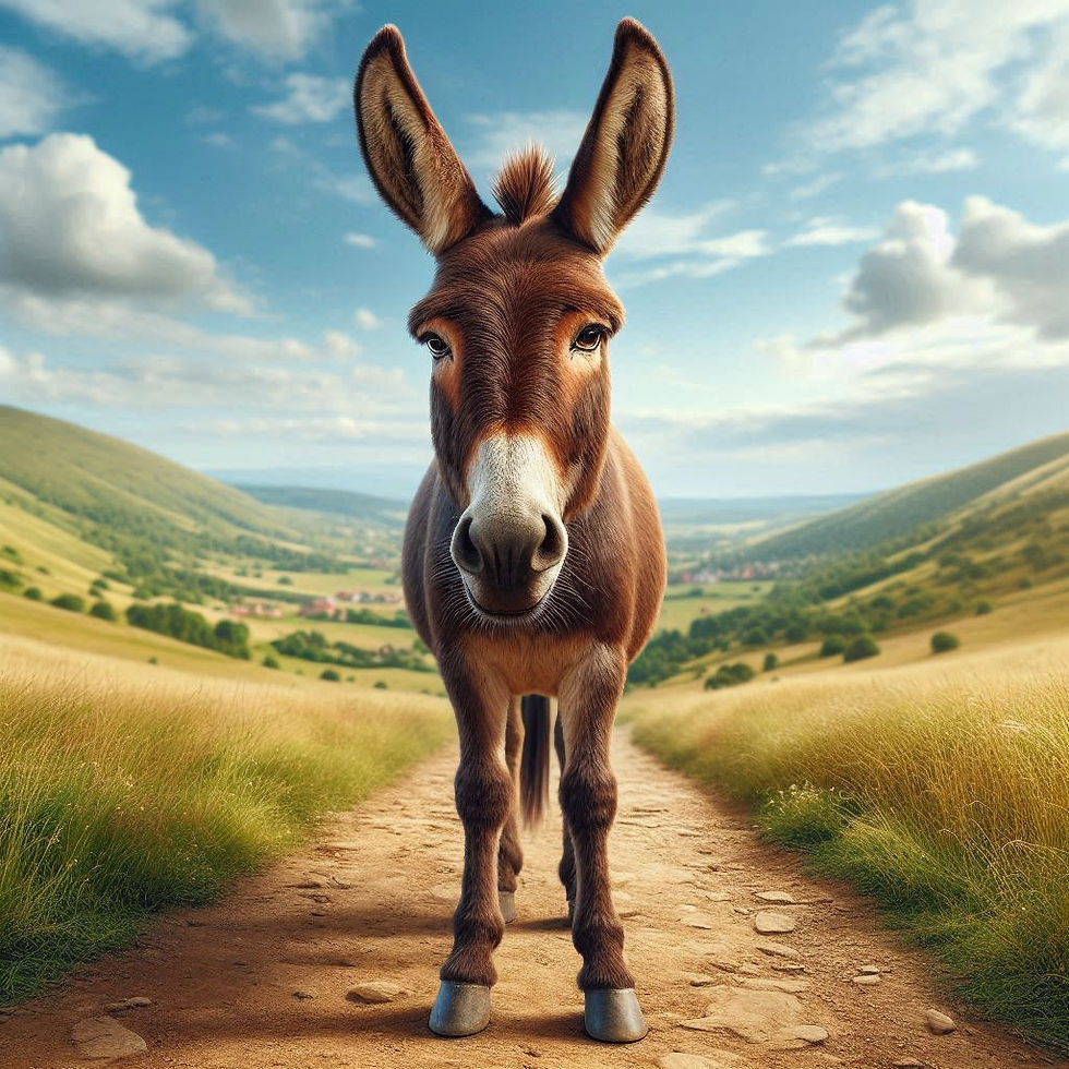 A stubborn mule facing you on a dirt path in a valley