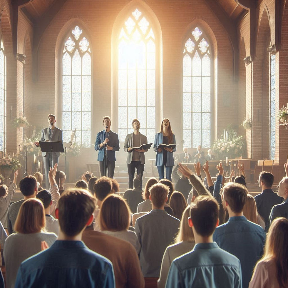 A congregation gathered for a worship service viewed from behind