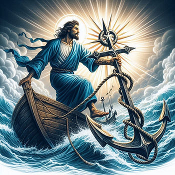 Jesus in a small boat during a storm holding an anchor in his left hand and onto the boat with his right hand. It represents that our hope is anchored in Jesus