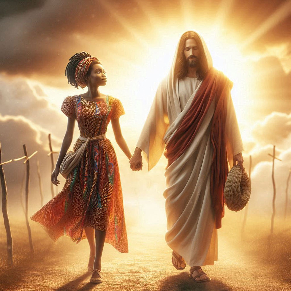 A woman is walking with Jesus holding her right hand with much light emanating from Jesus.