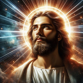 A picture of Jesus' head and neck with light radiating from his head, representing that He is the light of the world.