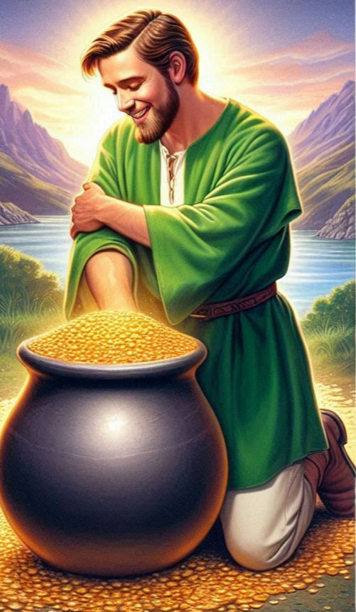 A man has a huge pot of gold coins in front of him and a big smile on his face representing that many people falsely think that is a worthy goal