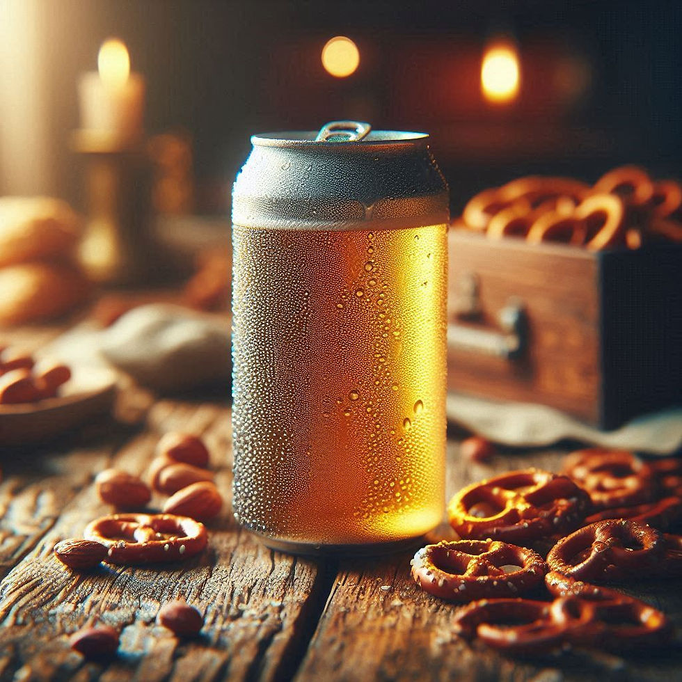A can of beer and pretzels on a table representing a gray area of Christian living
