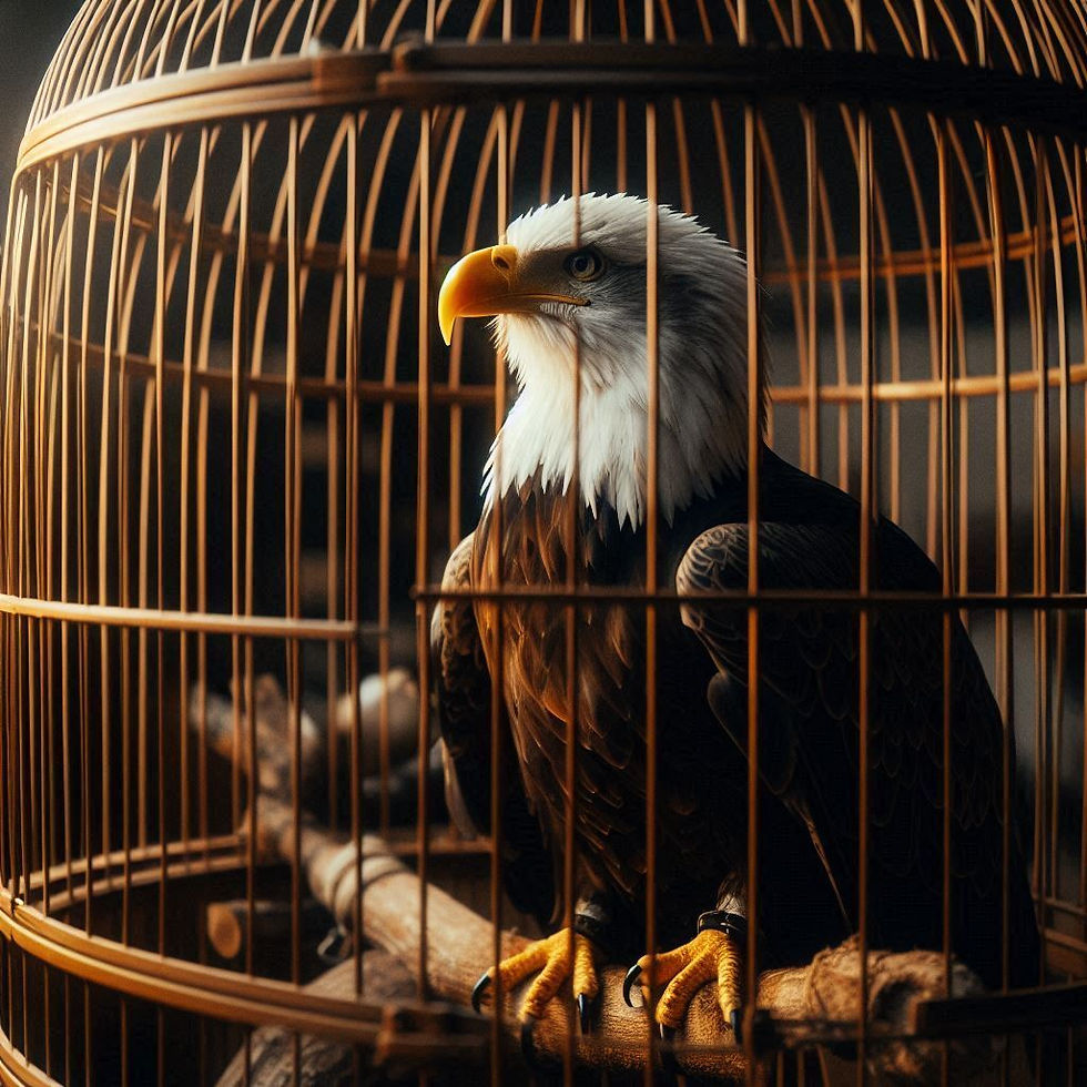 An eagle in a bird cage illustrates captivity to the sin nature