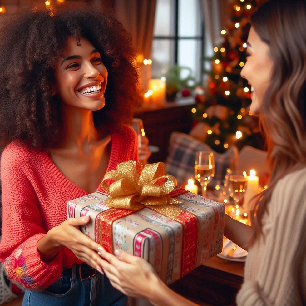 A woman gives a wrapped Christmas present with a bow to another woman, with both smiling
