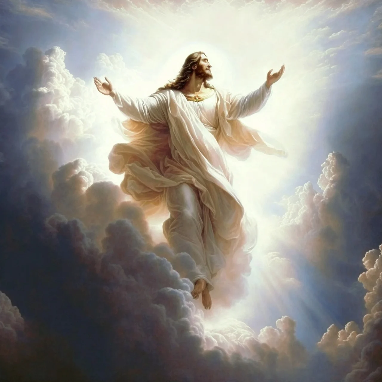 Jesus in the air with bright light and clouds in the background
