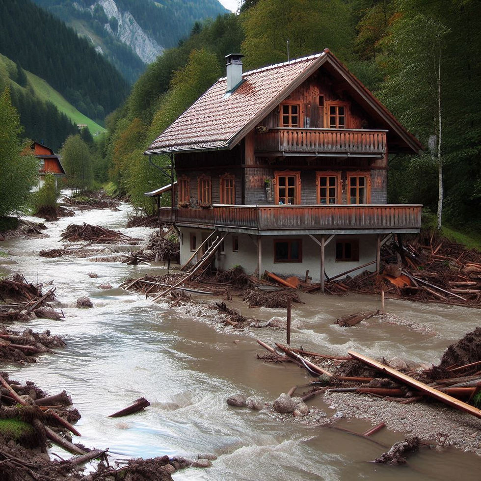 A creek has risen and is surrounding a house built on its banks