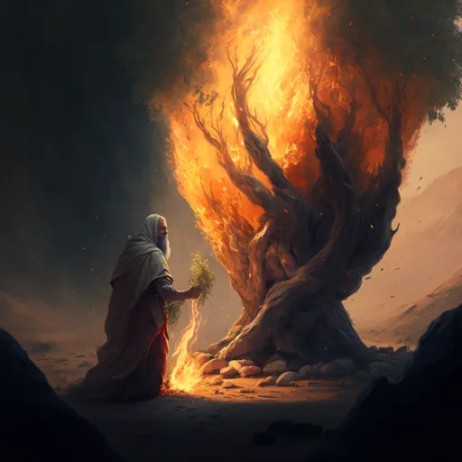 Moses standing in front of the burning bush