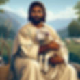 A seated Jesus holding a lamb with sheep in the background