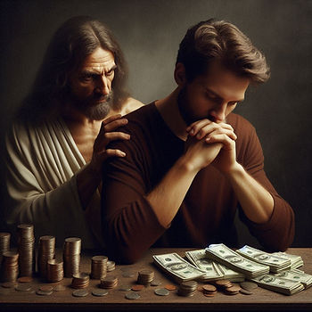Jesus is looking over the right shoulder of a man looking down at a lot of money on a table at which he is sitting