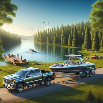 A truck, boat and trailer with a lake in the background to illustrate the connection between faith and works