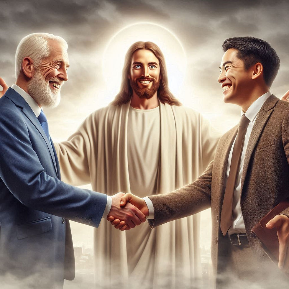 Two man shaking hands showing their relationship is restored with Jesus smiling in the background