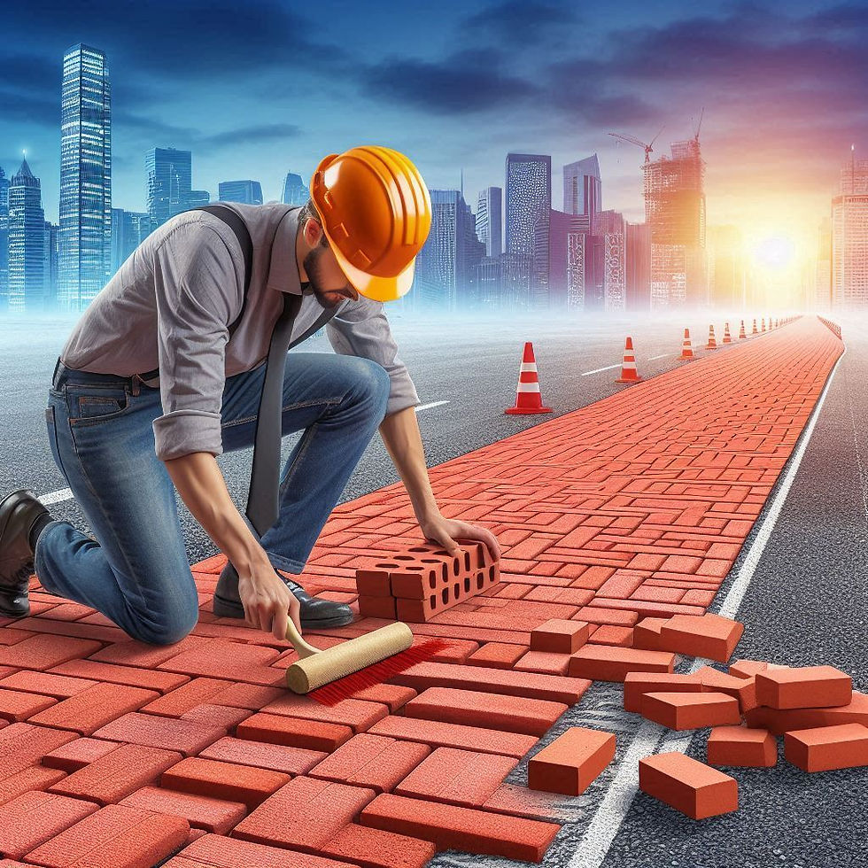 A kneeling man is constructing a highway with bricks
