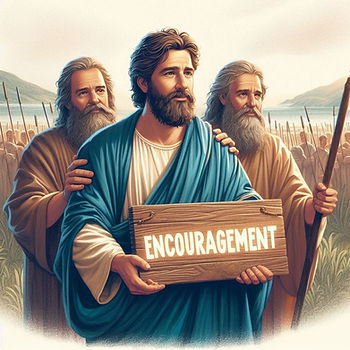 The Apostle Paul is holding a sign with Encouragement written on it with two men behind him with one hand each on his shoulders