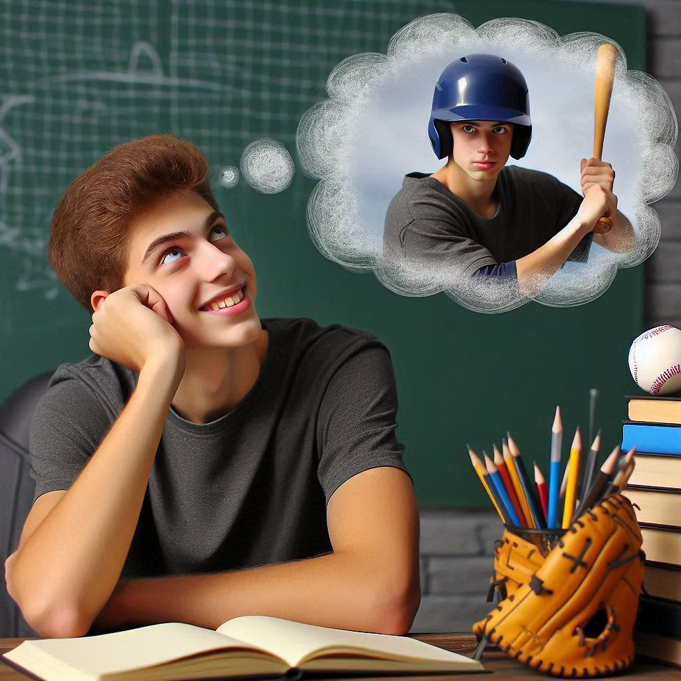 A teenage boy is in a school classroom dreaming about being a professional baseball player