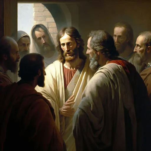 Jesus standing in a room surrounded by his standing disciples
