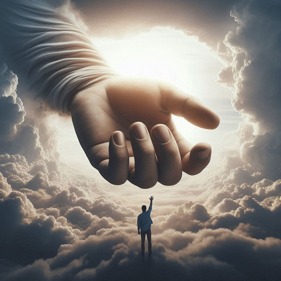 A huge hand reaching down from heaven to a man standing in the clouds to illustrate that God is for us