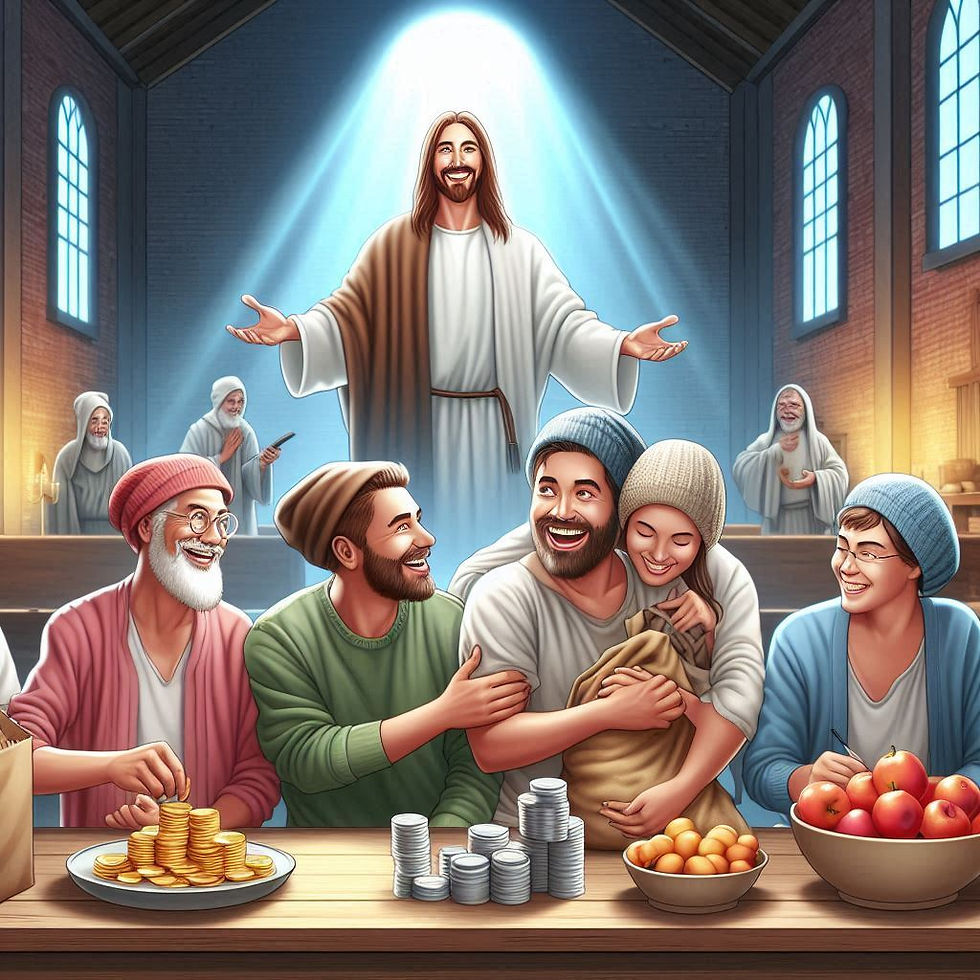 Christians helping the needy with Jesus standing behind them with a smile on his face