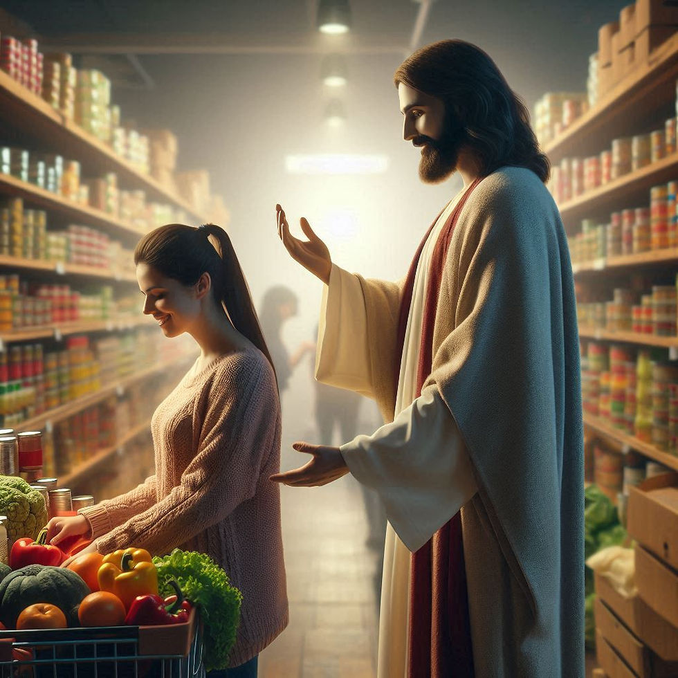 Jesus observes a woman working in a food bank