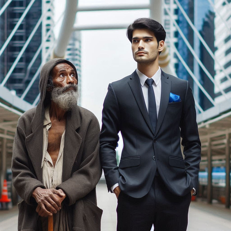 A poor man, poorly dressed, stands beside a rich man who is wearing a suit and tie