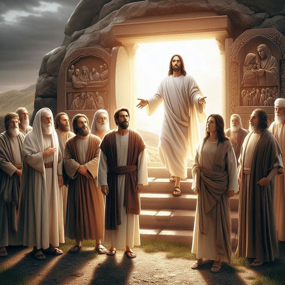 Jesus standing alive outside His tomb illustrating the power that enables us to be dead to sin