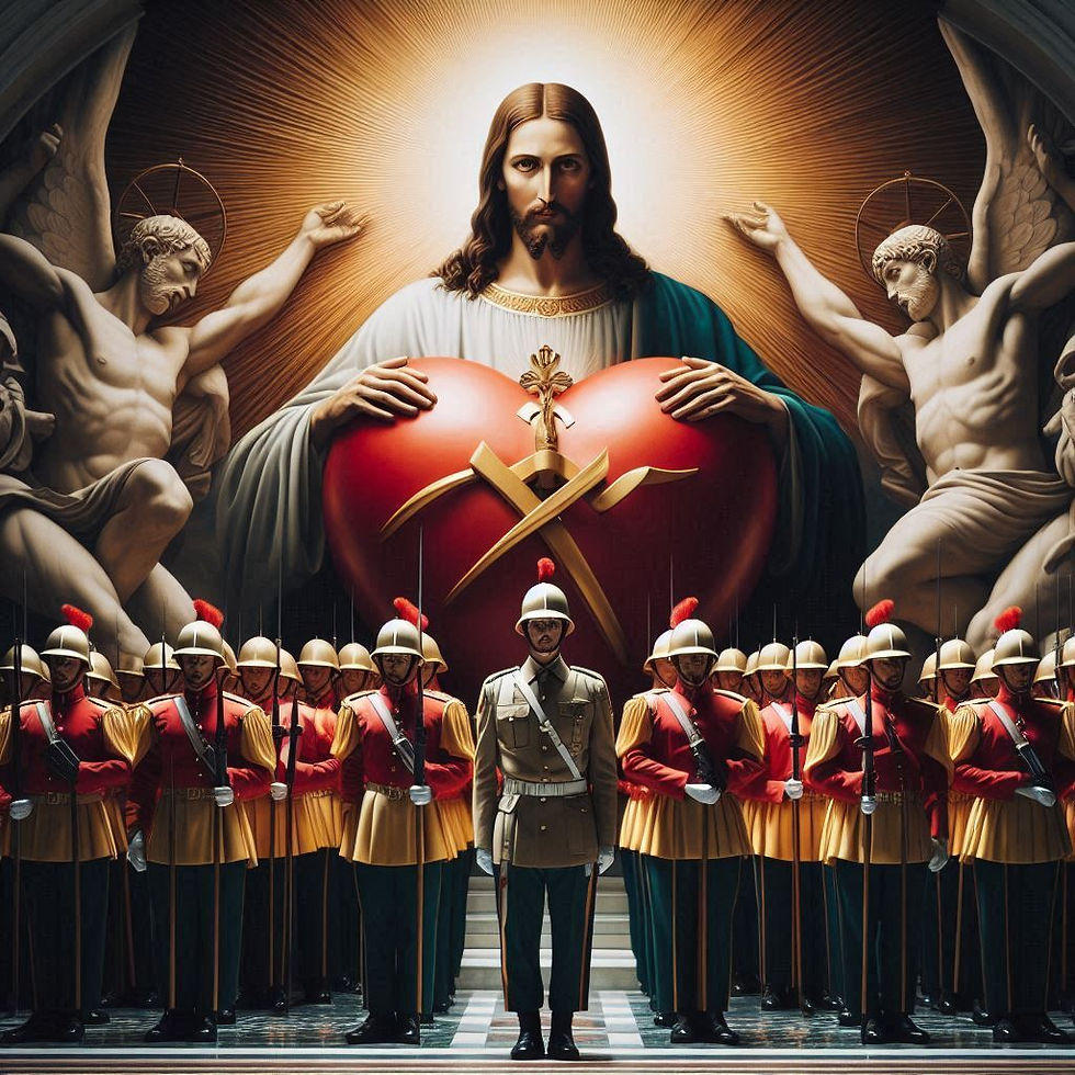 Jesus is standing with a heart in front of him and many soldiers in front of him also. They represent Christian solders