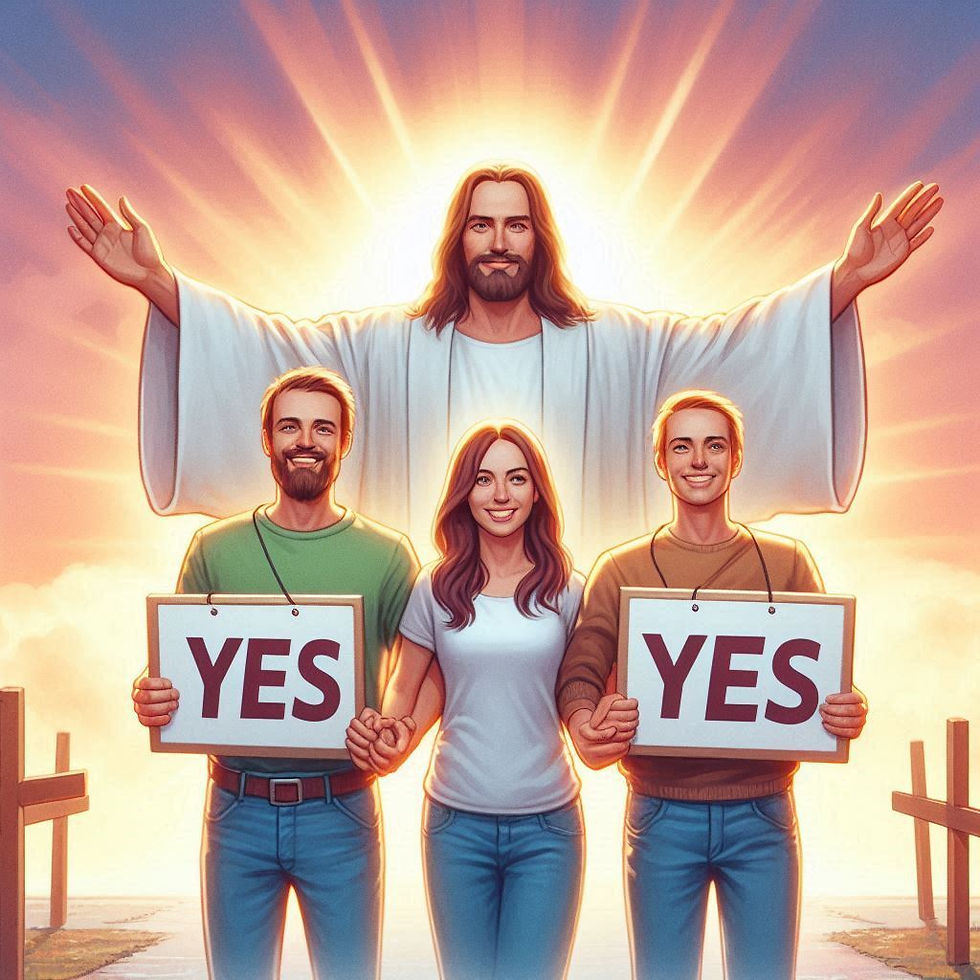 Three people are holding signs that say yes with Jesus standing behind them