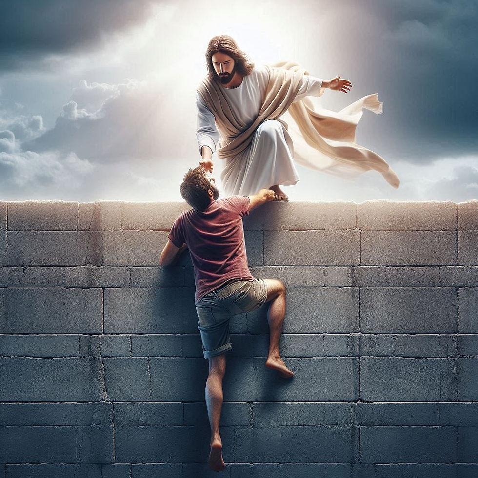 Jesus is on top of a wall offering a hand to a man who is climbing it