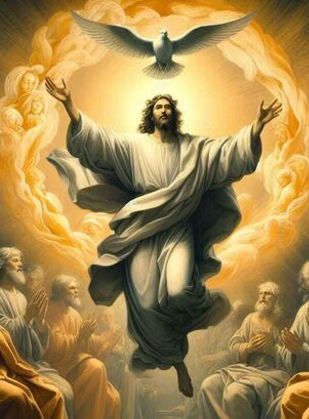 Jesus is in the air with his arms outstretched while the Holy Spirit in the form of a dove hovers over him
