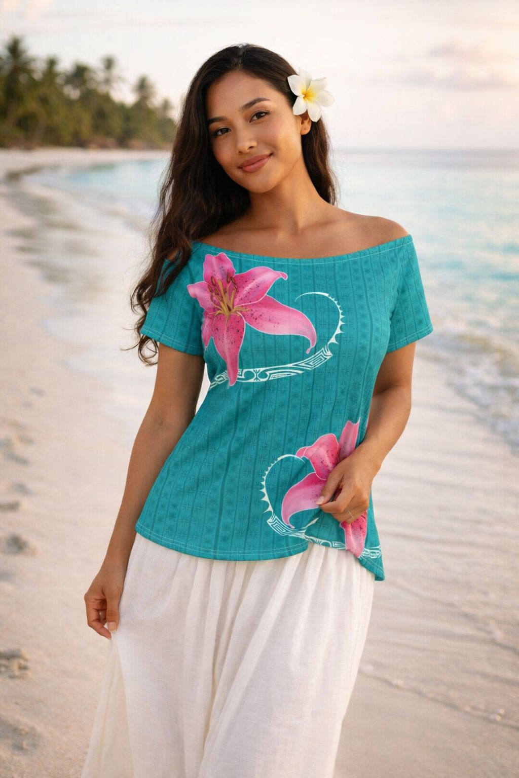 Lily Lovely Off-Shoulder T-shirt | Turquoise