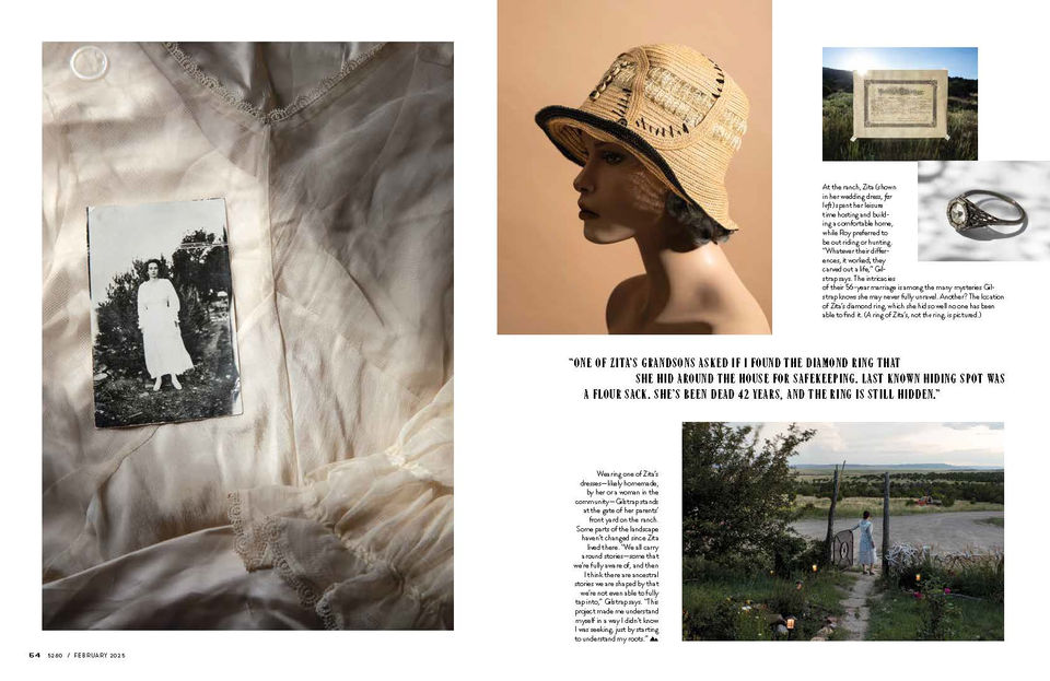 5280 Magazine layout, Black and white photo of a woman in a dress, a quote about a missing diamond ring, and an image of a woman walking away