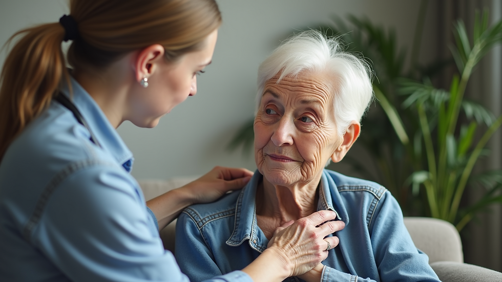 Close-up view of a caregiver assisting an elderly person in a comfortable home setting