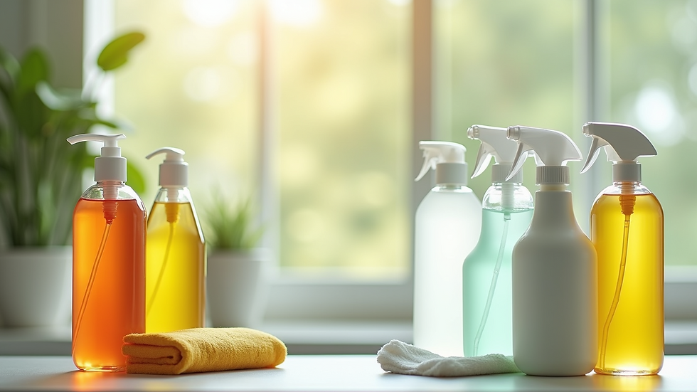 Close-up view of eco-friendly cleaning products arranged neatly