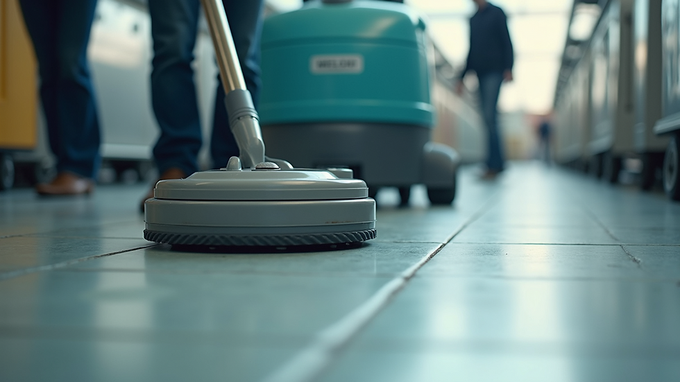 Eye-level view of a commercial cleaning machine in use on a tiled floor