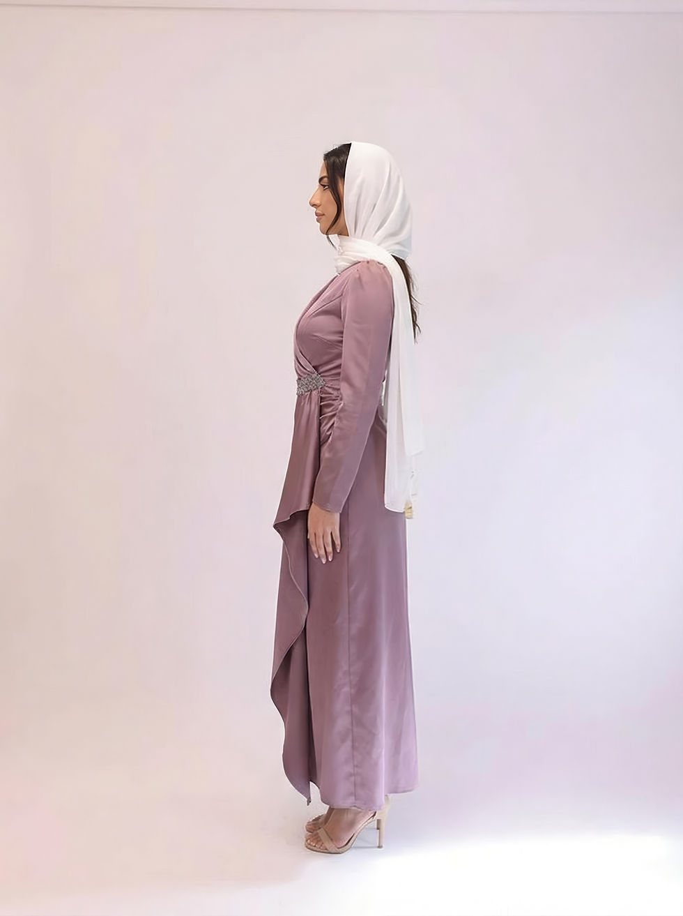 Thumbnail: Mauve Satin Long-Sleeve Hijab Dress with Embellished Waist – Shahd Couture