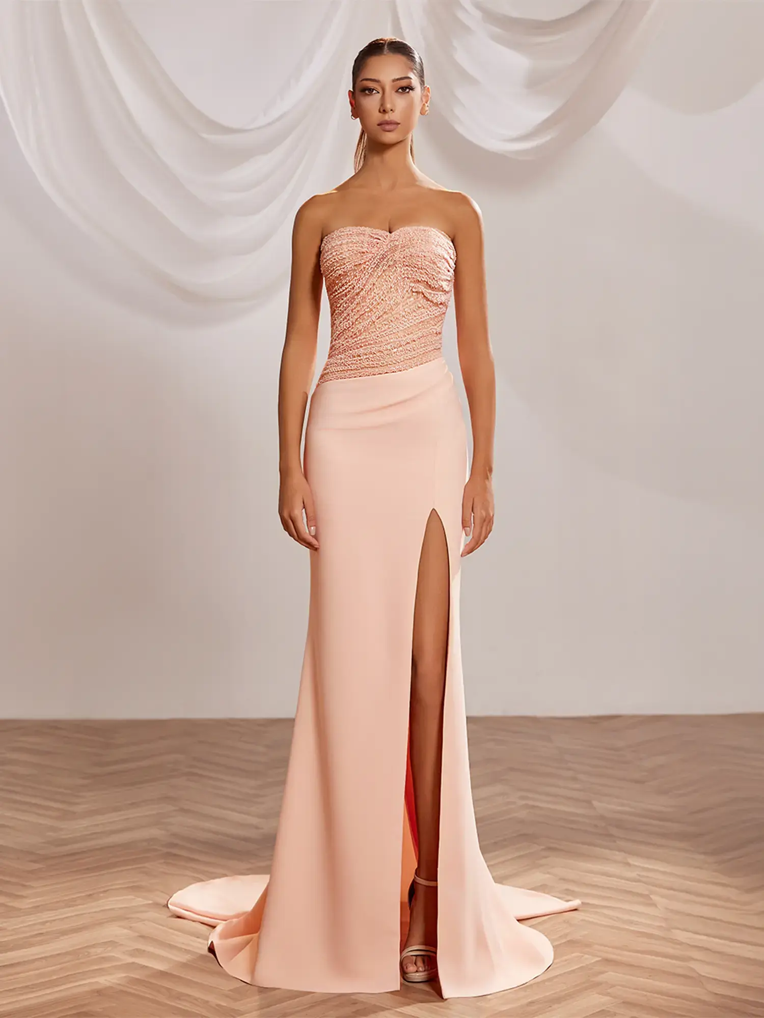 SS226 - Salmon crepe gown with a heart-shaped beaded