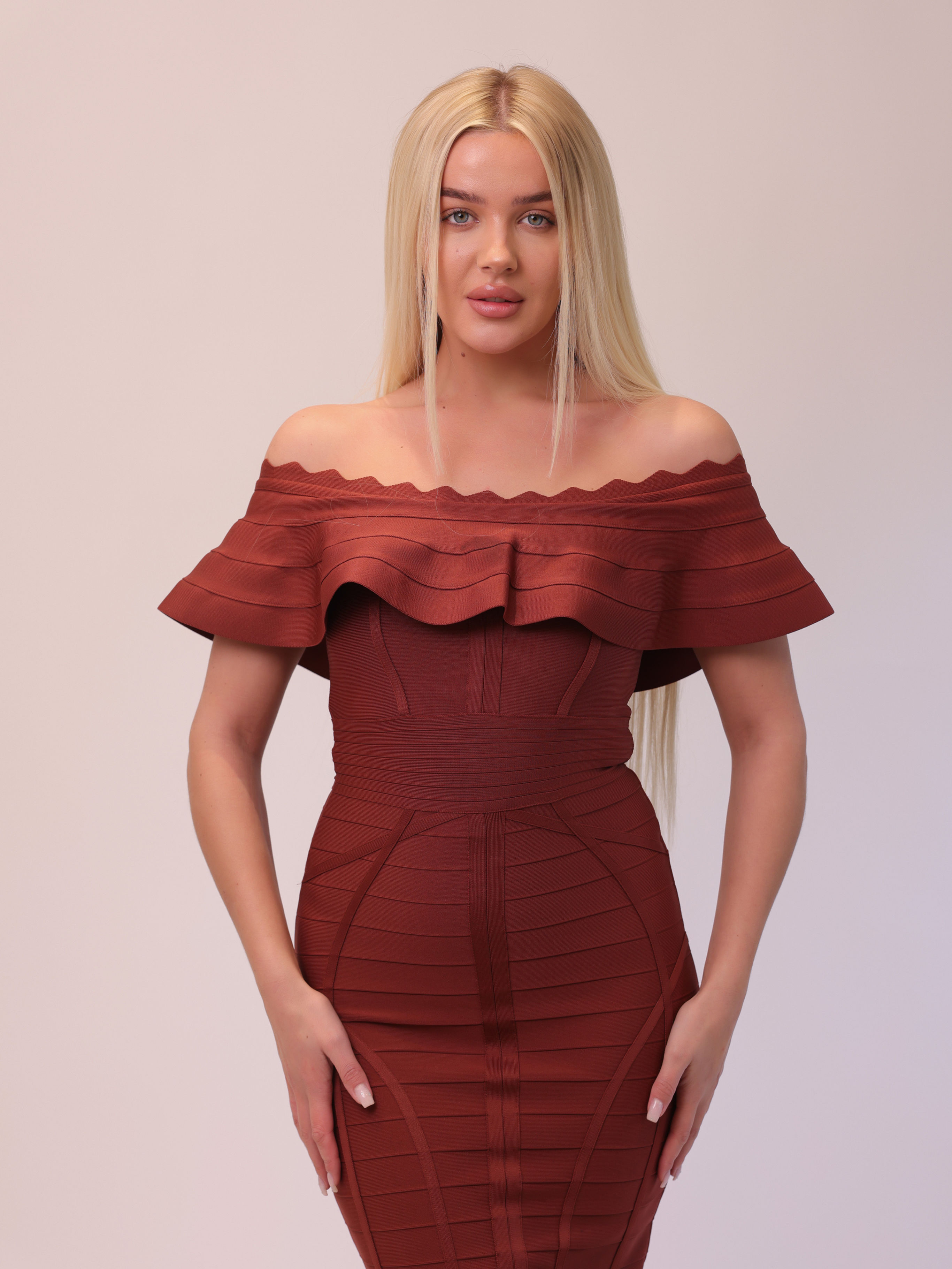 Rust Double-Ruffle Off-Shoulder Bandage Dress – Chic Midi Silhouette