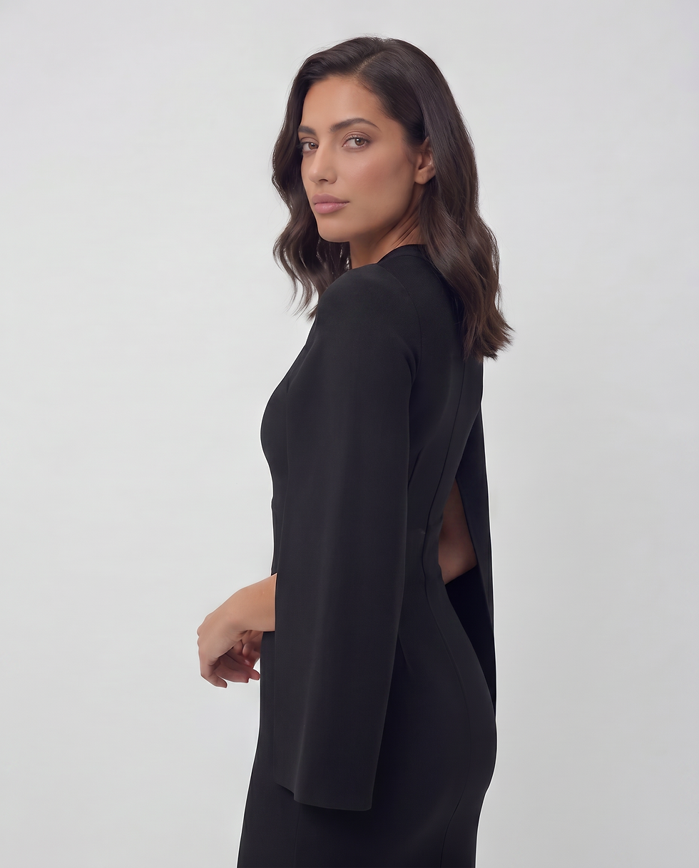 Thumbnail: Shahd Couture Emerald Cape-Sleeve Bandage Dress – Sophisticated Evening W