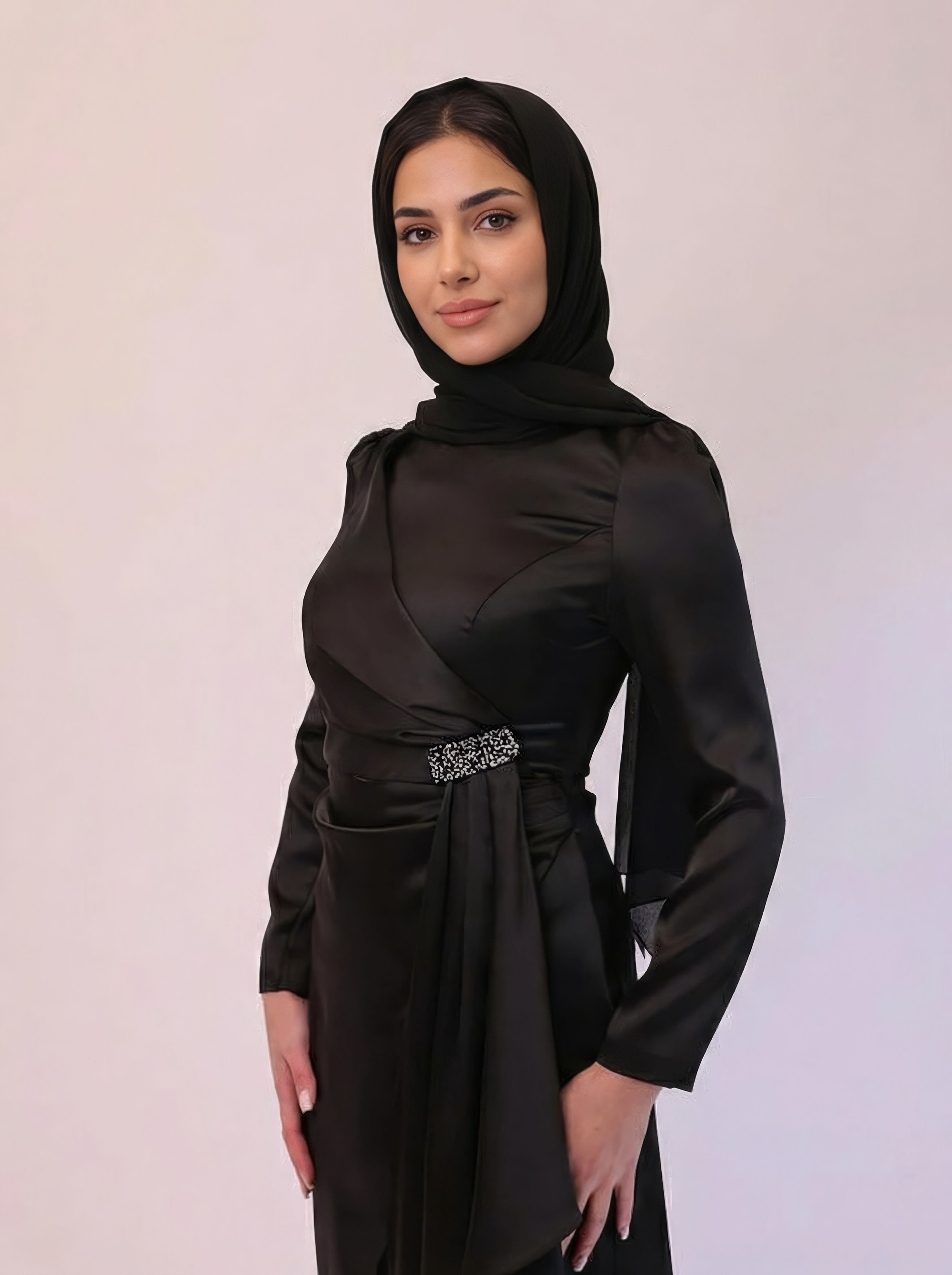 Black Satin Hijab Dress with Embellished Waist – Shahd Couture