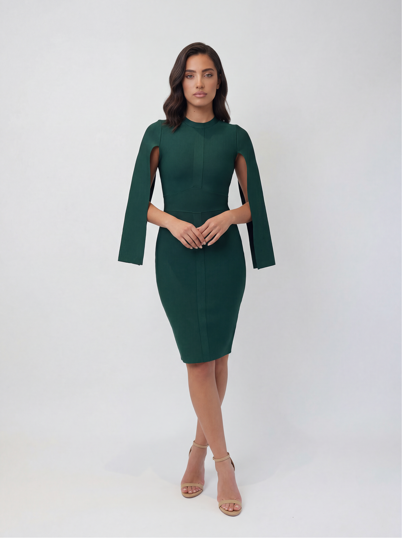Shahd Couture Emerald Cape-Sleeve Bandage Dress – Sophisticated Evening W