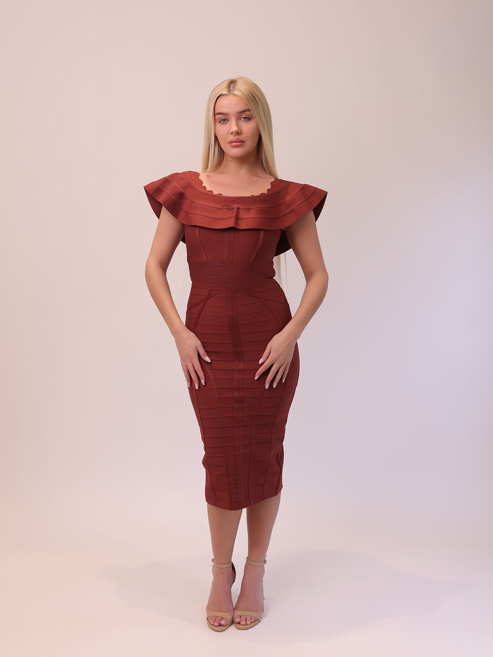 Thumbnail: Rust Double-Ruffle Off-Shoulder Bandage Dress – Chic Midi Silhouette