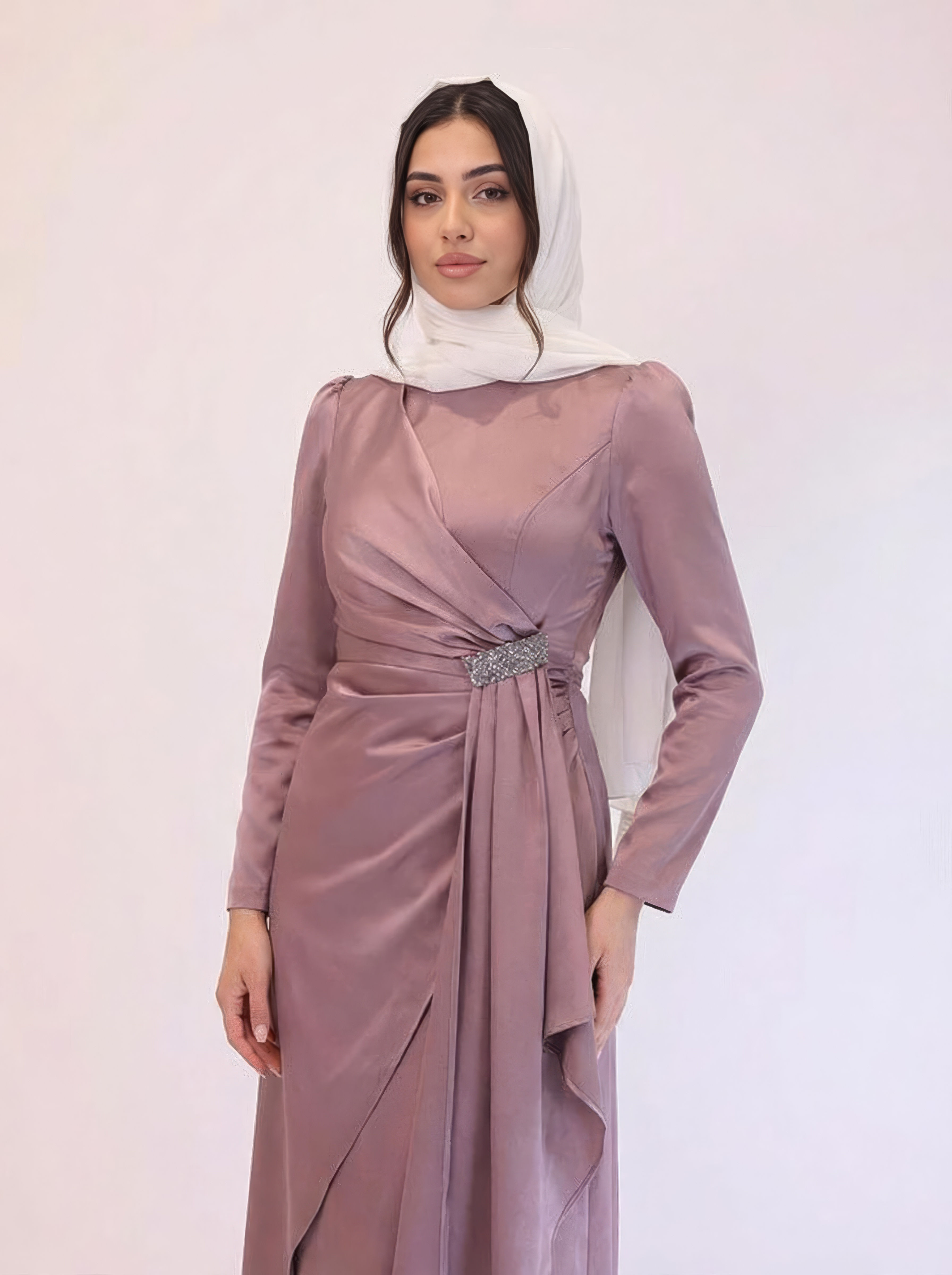 Mauve Satin Long-Sleeve Hijab Dress with Embellished Waist – Shahd Couture