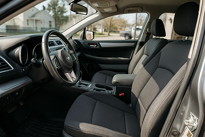Professional interior car detailing in Austin TX showing a spotless dashboard, seats, and steering wheel.