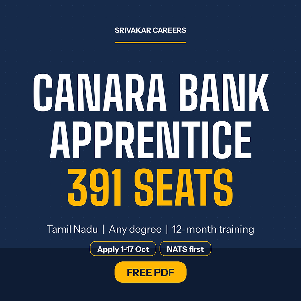 Canara Bank apprentice 2026 Tamil Nadu: 391 seats, stipend and last date 17 Oct