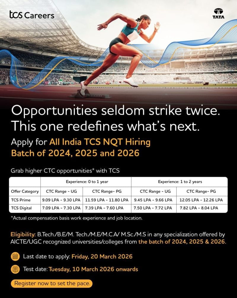 TCS All India NQT 2026 Hiring Notification for Prime and Digital Cadre with Salary up to 12 LPA