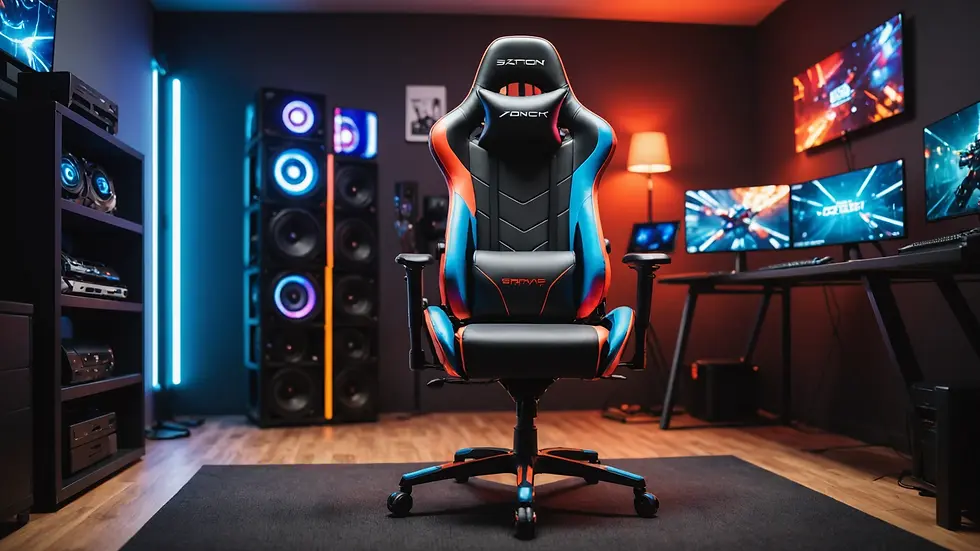 Eye-level view of a colorful gaming chair in a gaming room