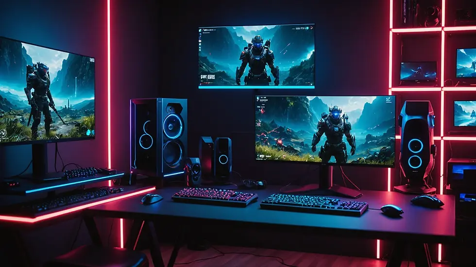 Eye-level view of a gaming setup with vibrant LED lights