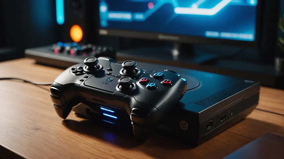 Close-up view of a modern gaming console with a glowing power button