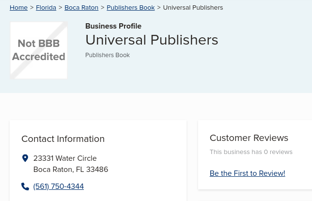 Universal Publishers Better Business Bureau