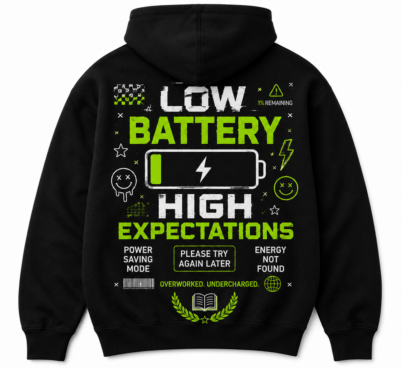 Low Battery • High Expectations Back-to-School Apparel | Premium T-Shirt or Heav